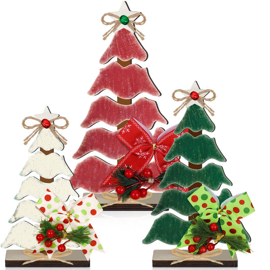 CroBlissful 3 Pcs Wooden Christmas Tree Tabletop Decorations Christmas Centerpieces for Table Rustic Xmas Tiered Tray Decor Table Sign with Hemp Rope Bow Bell for Holiday Party(Classic)