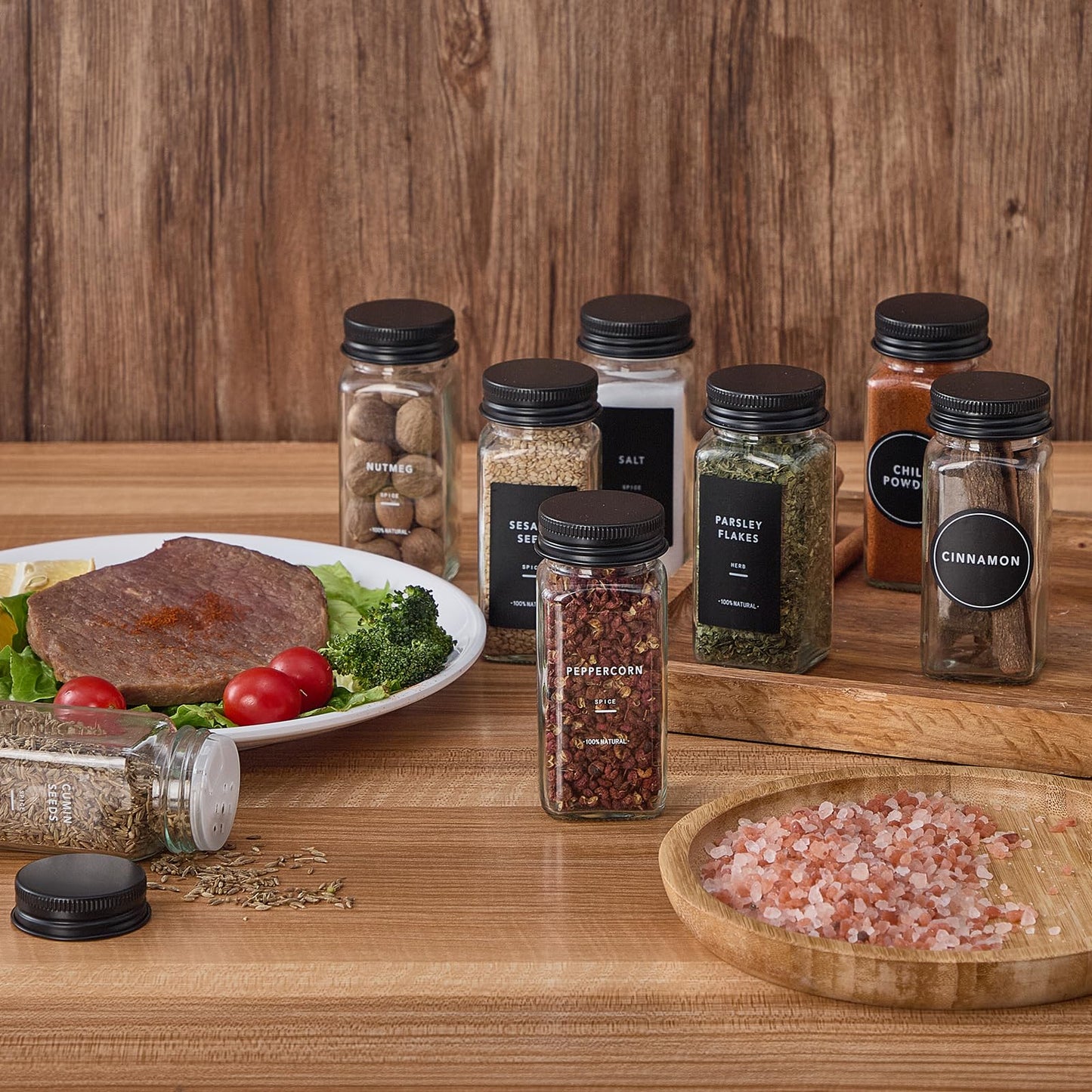 Fiwence 24 Glass Spice Jars with 576 Labels-Spice Jars with Black Metal Caps, 4oz Empty Square Spice Containers with Shaker Lids, Funnel, Pen, Seasoning Bottles for Spice Rack, Drawer, Cabinet