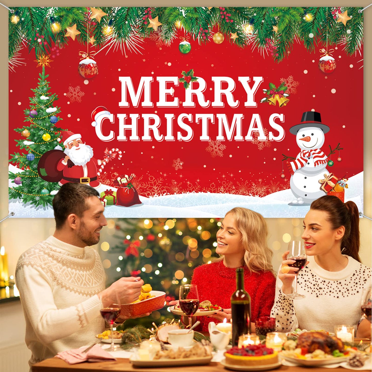 Merry Christmas Backdrop for Photography Banner Large Snow Wonderland Backdrop Winter Snowman Scene Xmas Santa Tree Background for Outdoor Indoor Christmas Decorations Party Gifts, 72.8 x 43.3 Inch