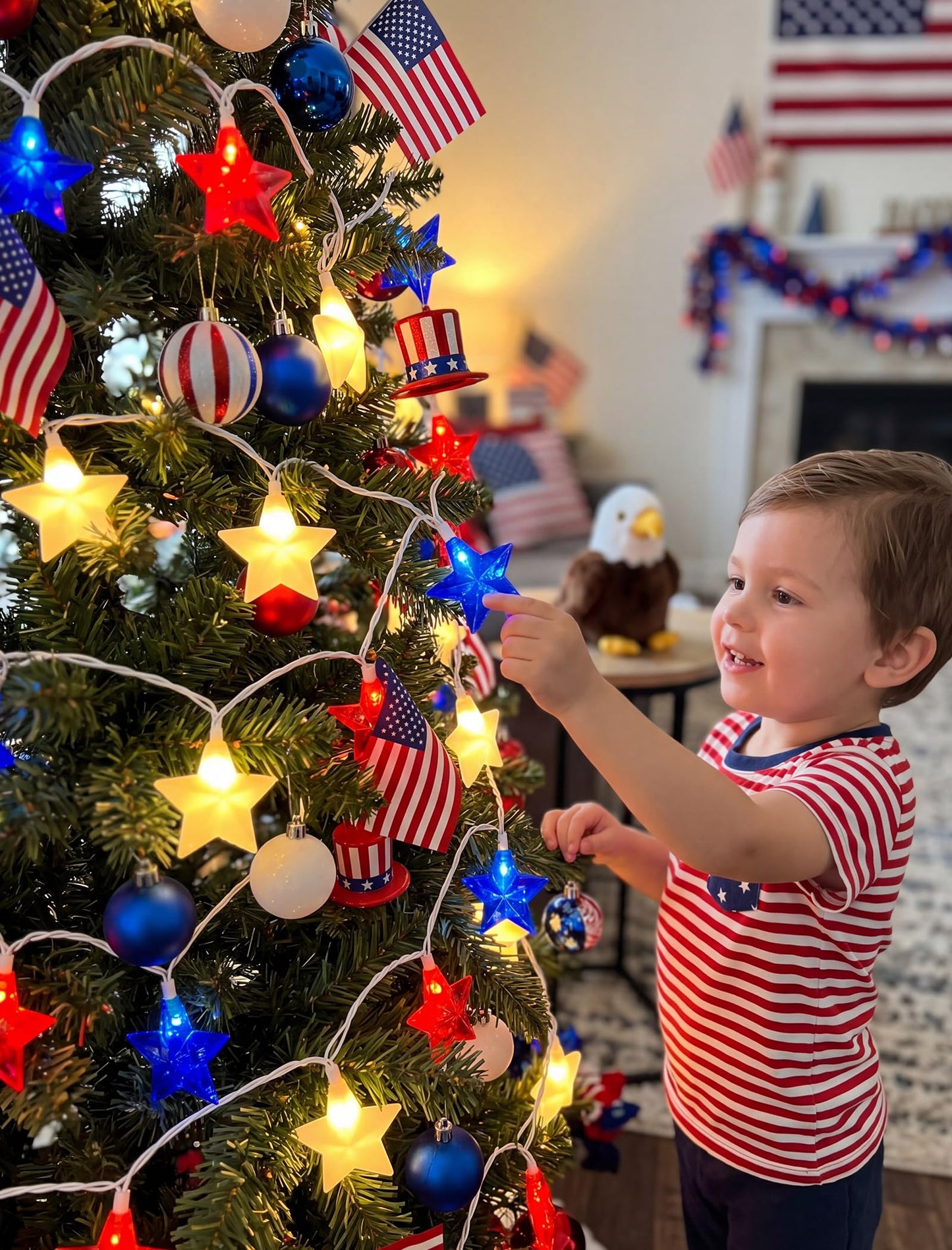LED Red White Blue Star String Lights Plug in, 8.5Ft 4th of July Decorations Lights with 10 LED Star Light, Hanging Patriotic Outdoor Lights for Independence Day Window Home Patio Party Garden Decor