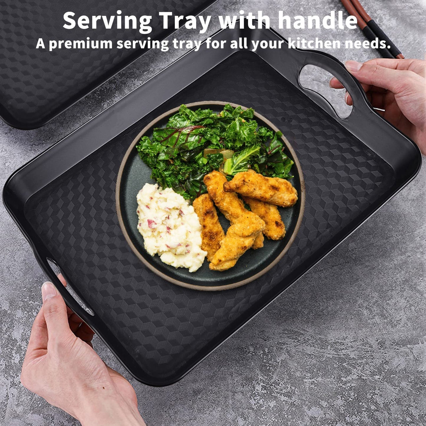KPROE Plastic Tray with Handles, 2 Pack Multi-Purpose Rectangular Non Slip Restaurant Serving Trays Set for Parties, Coffee Table, Kitchen(9.5x14.6 inch)