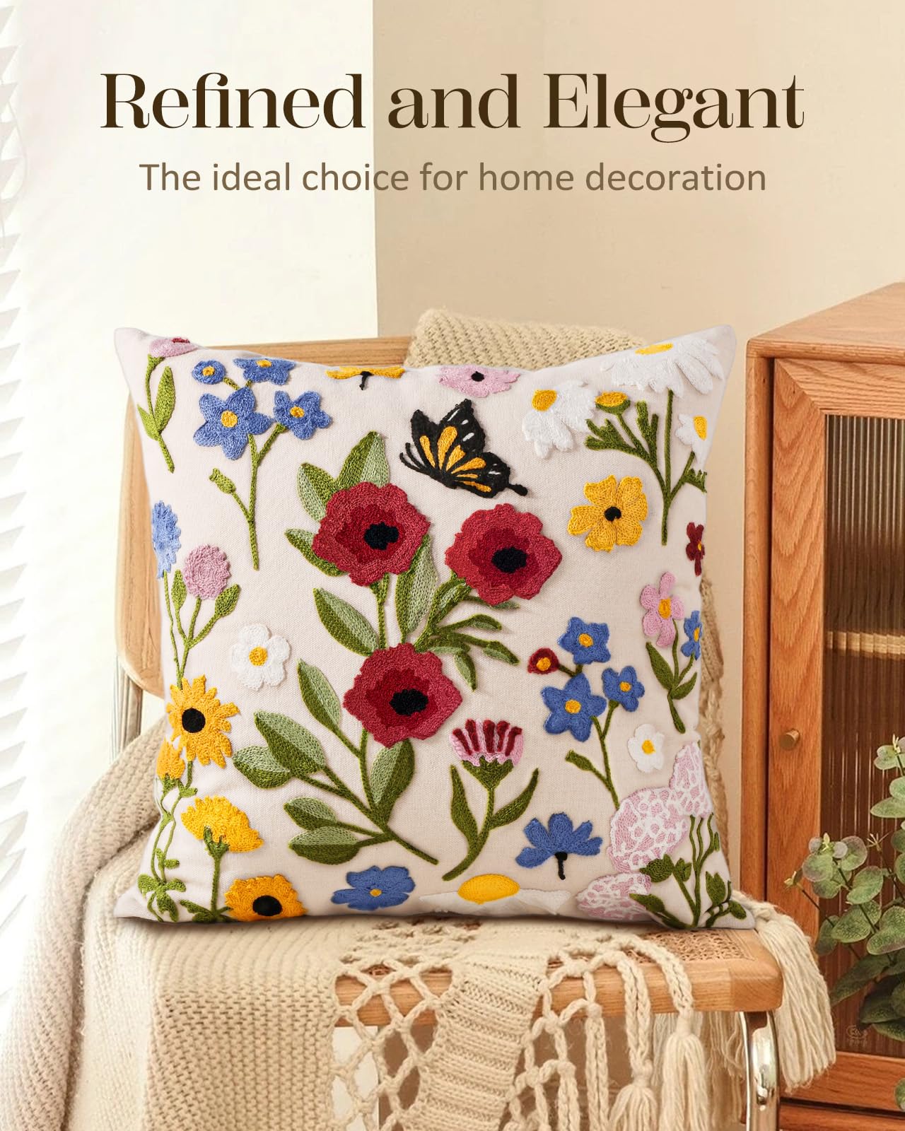 Kokaaee Embroidered Throw Pillow Cover 18x18 Inch - Spring Summer Boho Decorative Pillow Cover with Zipper for Living Room Couch Sofa Bed Aesthetic Design Retro Flower Cushion Pillowcase