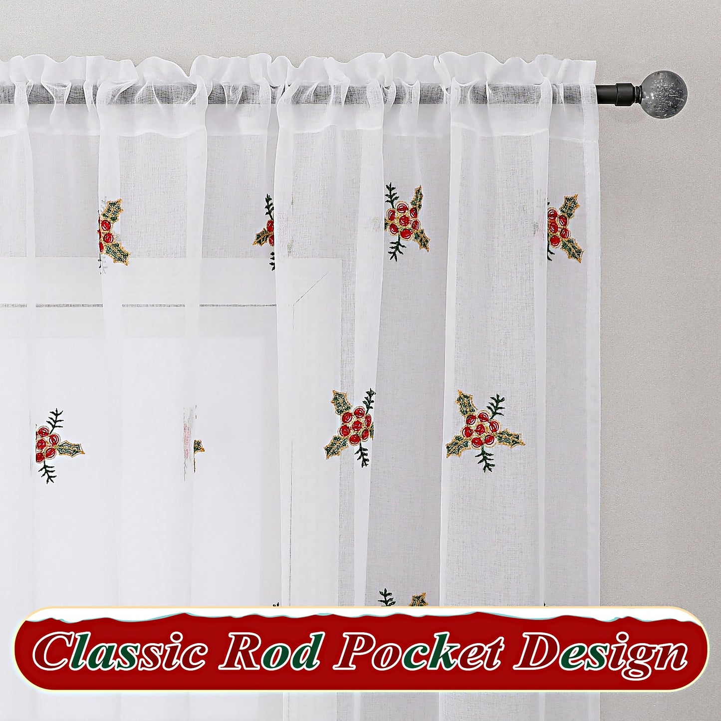 BROSHAN Red Embroidered Sheer Christmas Window Curtains 84 inches Long for Living Room- Xmas Tree Santa Patterned White Drapes 2 Panels Set for Winter Holiday Bedroom Dining Room Decor,Gold Green