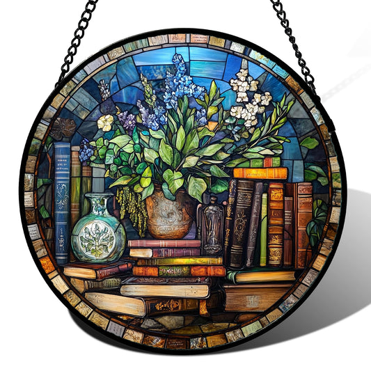 QZQCBLC Stained Glass Window Hanging Teal Flower Vintage Books 6.3" - Blue Suncatcher Door Garden Sun Catcher Home Decor Birthday Christmas for Mom Men Woman Nana Friend