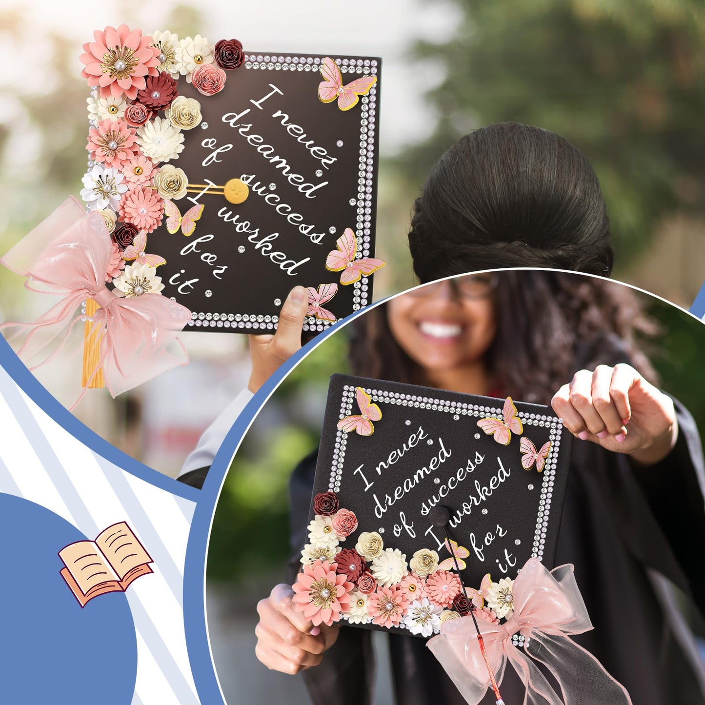 MotiMind 46 Pcs DIY Graduation Cap Decorations Kit Included Paper Flowers, 3D Butterfly Stickers, Rhinestone, Letter, Pearl Stickers, Mesh Ribbon Bow for DIY Grad Cap Decor(Pink)