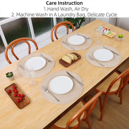 SHACOS Round Braided Placemats Set of 4 Round Table Mats for Dining Tables 15 inch Non Slip Washable Kitchen Table Place Mats Natural Farmhouse Decor (Beige, 4)