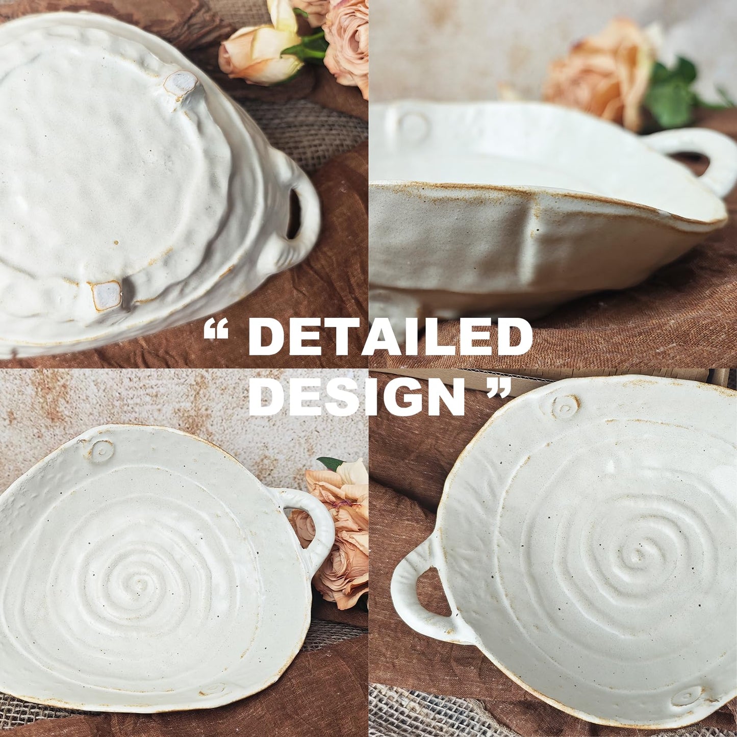 LUSHHAHA Retro Free-Form Edge Decorative Bowl Ceramic Fruit Bowl with Handle，Matte Farmhouse Cutlery Serving Bowls,Salad Bowl,Table Centerpiece Decor，Housewife/Handmade Gift Box