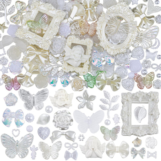 Kikonoke 350 Pieces 3D Resin Rose Flower Bows Butterfly Embellishments Angel Charms Picture Frame with Flatback Pearl Beads for Craft DIY Making Supplies (White)