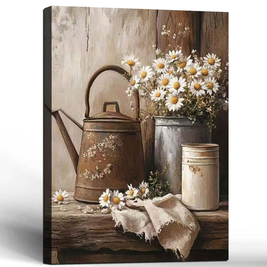 Framed Vintage Farmhouse Canvas Wall Art Decorative Painting Daisy and Iron Kettle Still Life Country Pastoral Style Print Poster Home Wall Painting Bedroom Living Room 12x16 Inch Ready to Hang