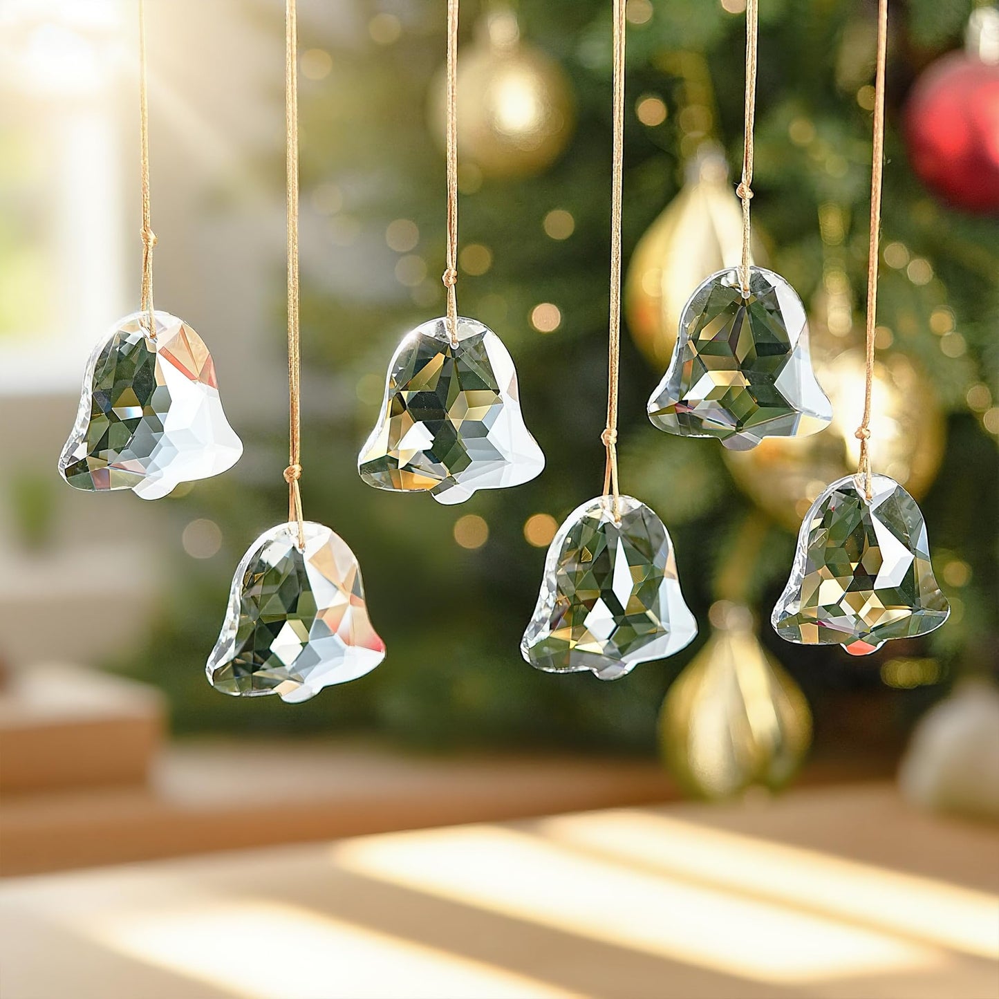 H&D HYALINE & DORA Set of 6 Crystal Christmas Ornaments Clear Faceted Glass Christmas Bell Hanging Ornaments for Xmas Tree Winter New Year Party Decoration(2 Inch)