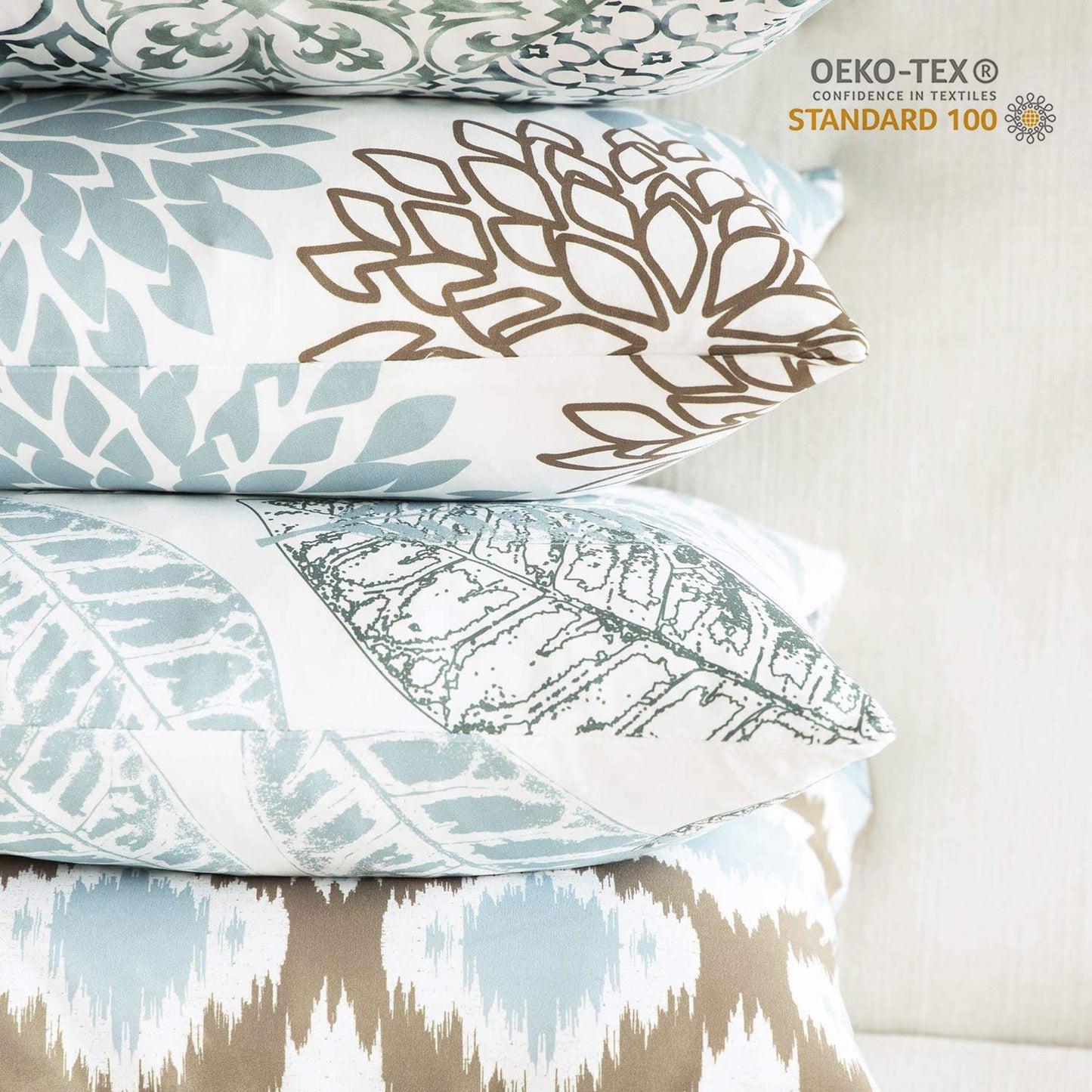 Phantoscope Set of 4 New Living Series Leaf Geometric Blue and Coffee Throw Decorative Pillow Cover Cushion Cover 18 x 18 inches 45 x 45 cm