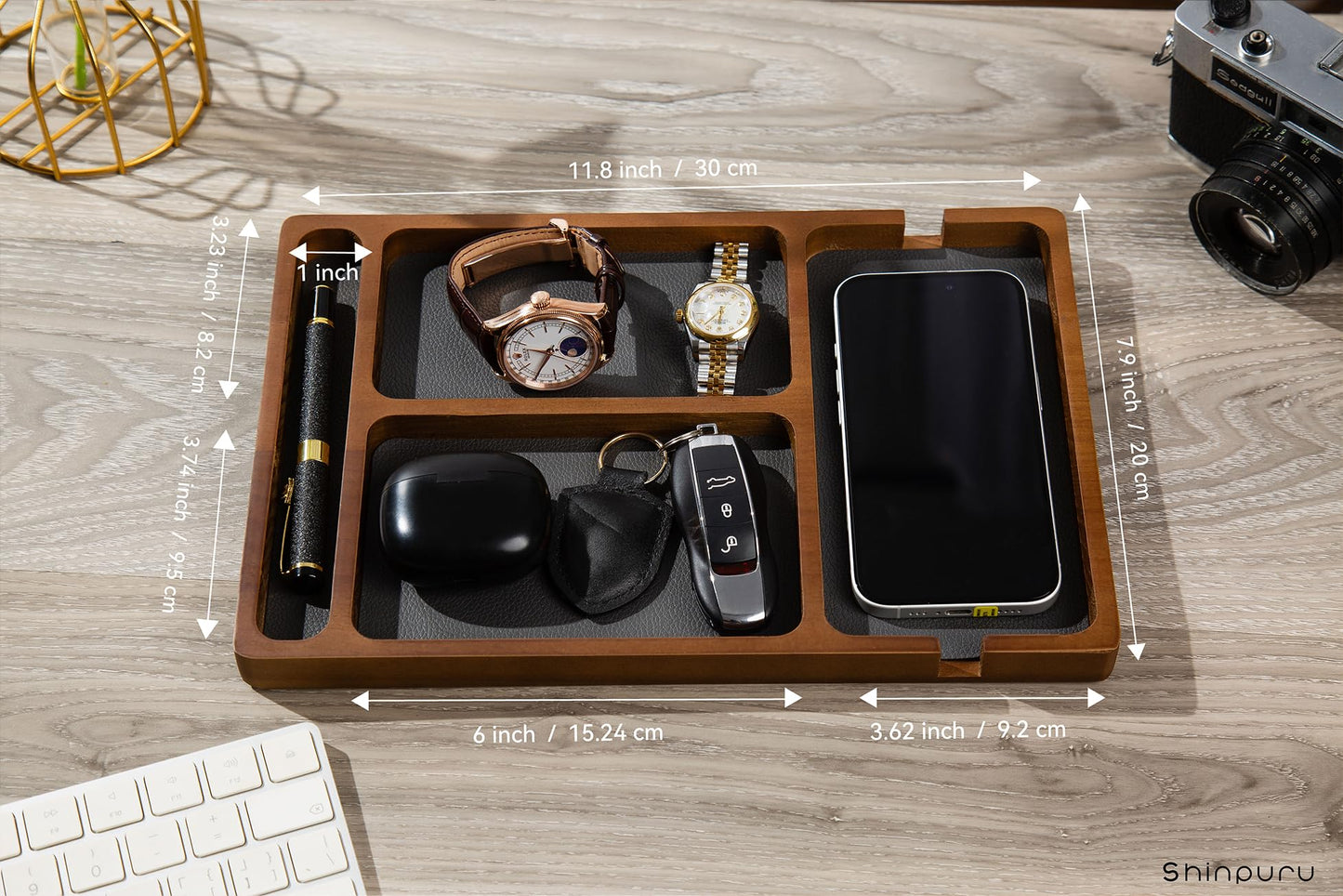 Shinpuru Wooden Valet Tray for Men, Nightstand Organizer with Leather Inlay, EDC Essentials Catchall Tray for Keys, Phone, Wallet, Watch, Earbuds - Bedside Desk Entryway Tray (Wood-Pen)