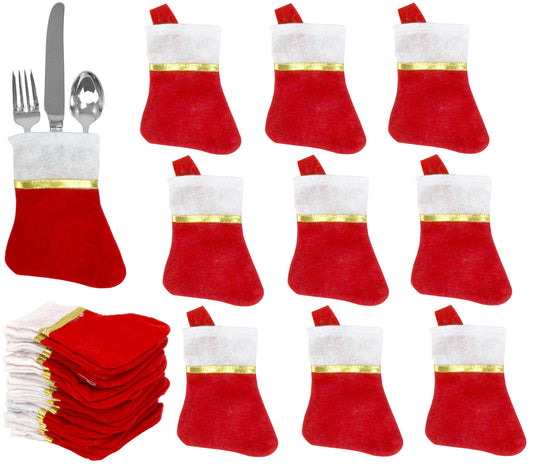 Iconikal 24-Pack Mini Christmas Stockings Red Felt 5x6.25-Inch Gold Ribbon Holiday Decor Ornaments Utensil Holders Wine Bottle Toppers Craft Bulk Pack