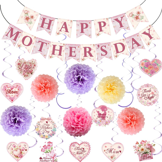 Mother's Day Decorations Set - Happy Mother's Day Banner, 6PCS Paper Pom Poms, 13Pcs Hanging Swirls with Best Mom Cardstock Cutouts - Floral Pink Party Supplies for Home, Mantle, Wall Decor
