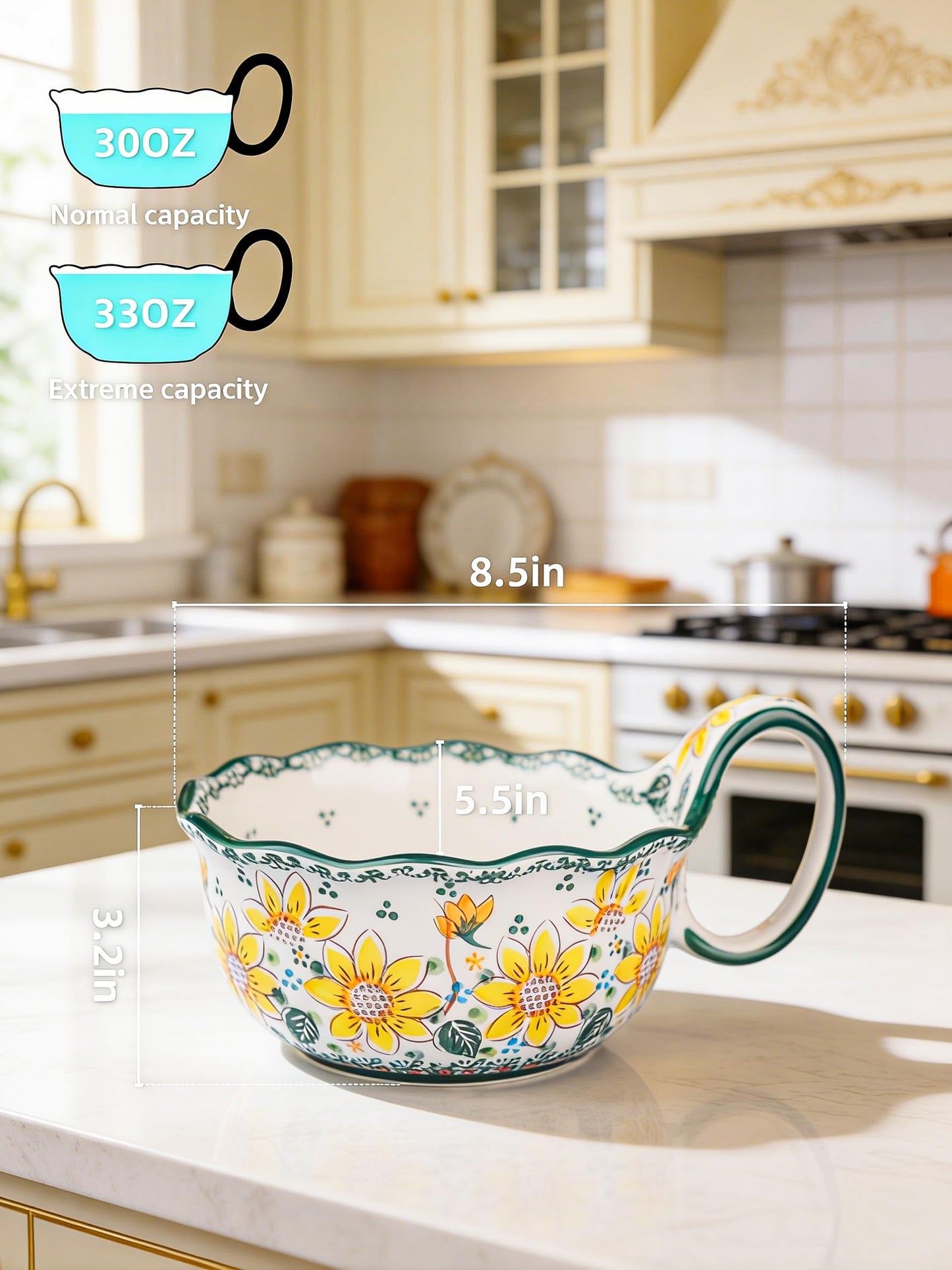 silesia Handmade Ceramic Soup Bowl, 30 oz Hand Painted Bowl with Loop Handle, Floral Design Cereal Bowl for Soup, Ice cream, Snack, Microwave & Dishwasher Safe (Sunflower)