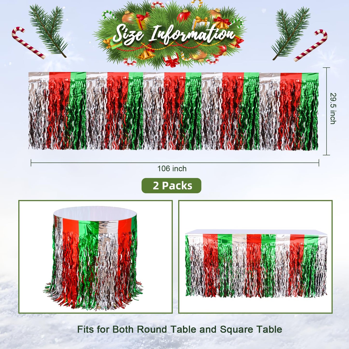 LOLStar Christmas Party Decorations, 2 Pack Red White and Green Wavy Metallic Tinsel Foil Fringe Table Skirt for Rectangle & Round Tables, Perfect Table Decorations for Christmas Ugly Sweater Party