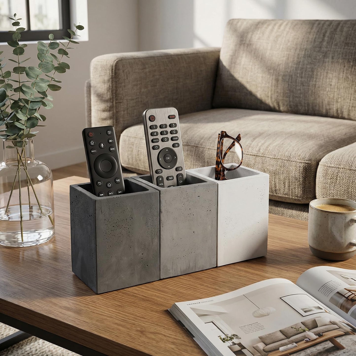 MyGift Pen Holder Pencil Holder For Desk,Pen Cup Holder For Desk,Concrete Desktop Pencil Cup,Modern Gray-Tone,Set of 3