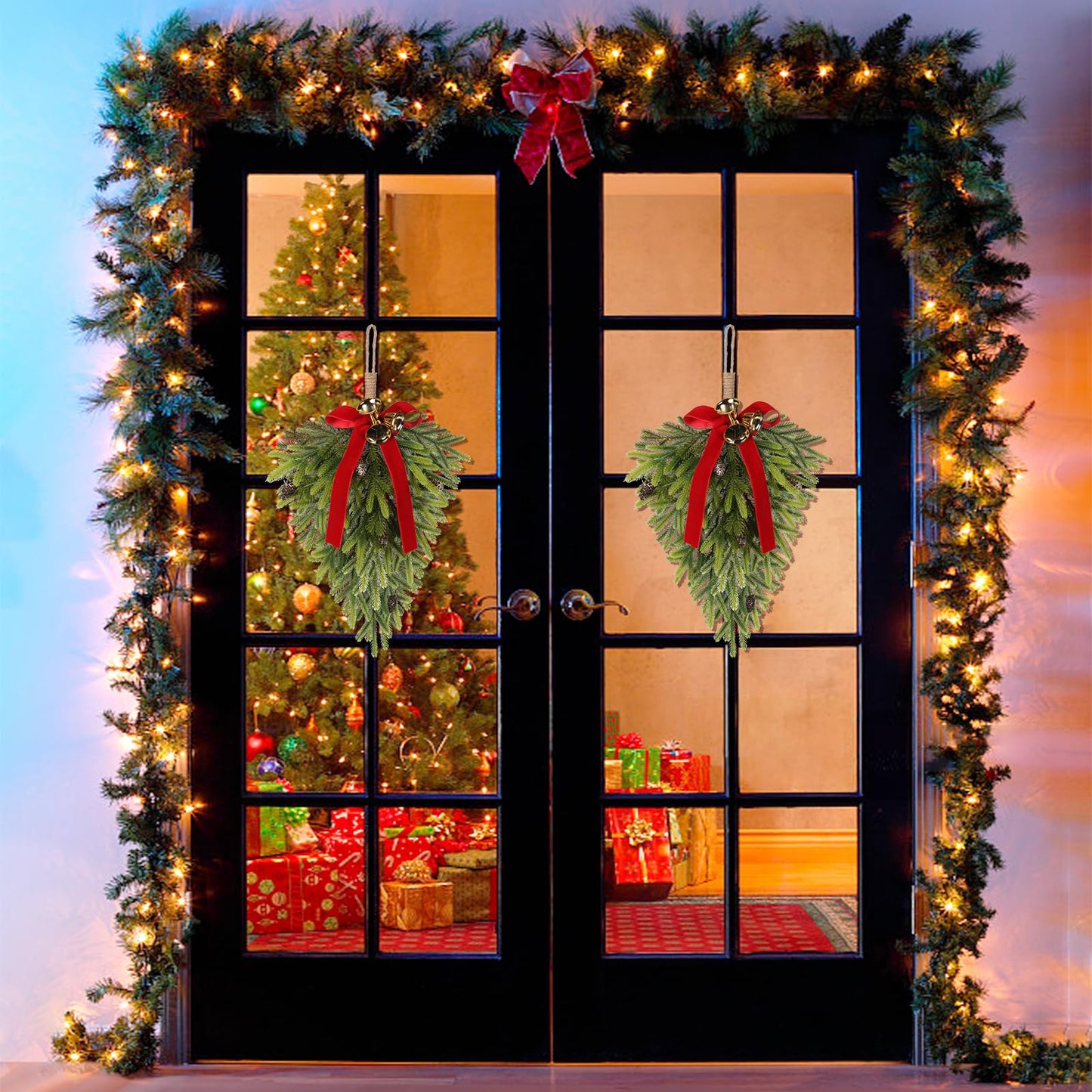 RoseCraft 2PCS Christmas Decorations, Artificial Front Door Christmas Wreaths, Hanging Bell Bow Decorations, for Fireplace Home Holiday Wall Party Xmas Decor.