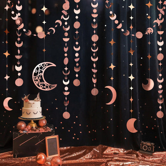 Cheerland Star Moon Garlands Party Decorations New Year Eve Decor Boho Celestial Moroccan Birthday Decor Hanging Streamer Crescent Stars Whimsical Ramadan EID Mubarak Rose Gold Party Supplies