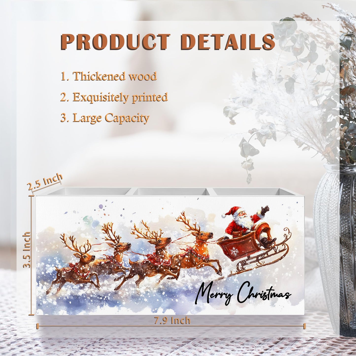 Exqcom Winter Christmas Santa Pen Pencil Holder for Desk, Christmas Office Decor, Snowy Xmas Santa Claus and Reindeer Wooden Box Block Sign for Home Office Desk Tabletop Decoration