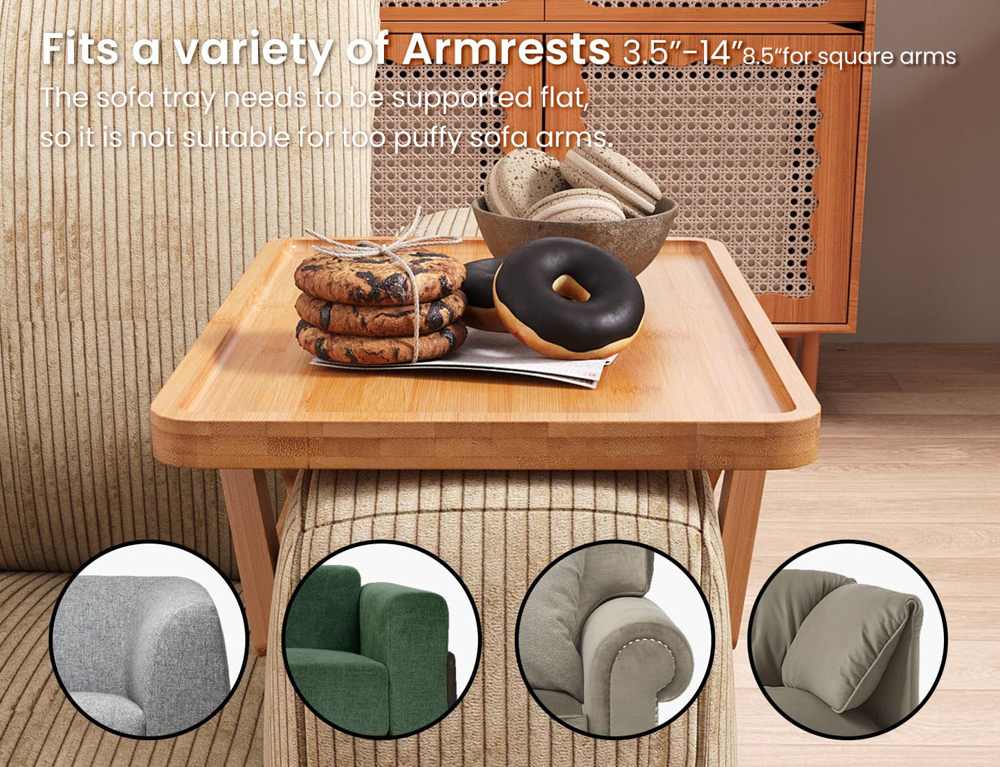 Danfoxer 2 Pack Couch Arm Tray,Bamboo Folding Sofa Tray,Sofa Armrest Trays Clip-On Couch Desk for Drinks,Snacks,Phone,Remote Control（Natural）
