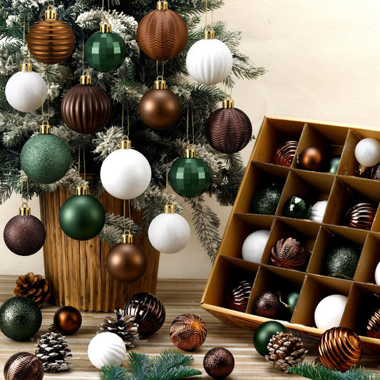 Lunmon 64 Pcs Neutral Christmas Ball Ornaments Brown Green White Xmas Bulbs Ornament 1.6/1.97/2.4 Inch Vintage Xmas Baubles Assorted Size Modern Christmas Decoration for Tree Holiday Indoor Home Decor
