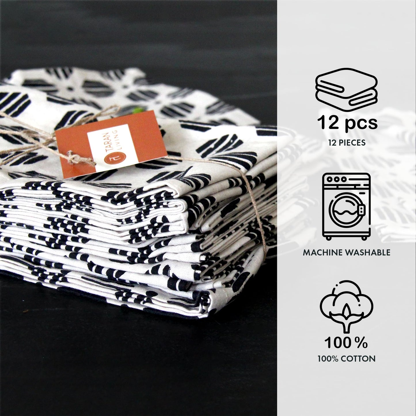 Taran Geometric Beige Print Cotton Dinner Napkins Set of 12 | 18x18 Inches | 100% Natural, Reusable Linens for Dinner, Events, Weddings