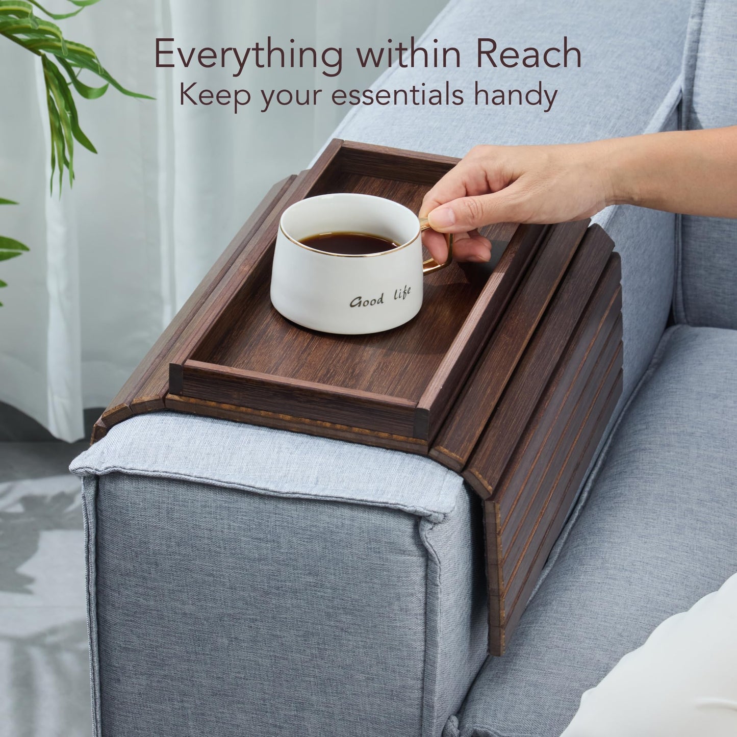 DETOR Couch Arm Tray with Spacious 12.4" x 5.4" Storage Box, Walnut Bamboo Finish, Enhanced Non-Slip Felt Bottom, Sturdy Bamboo Slats, Fits Armrests 6" and Wider