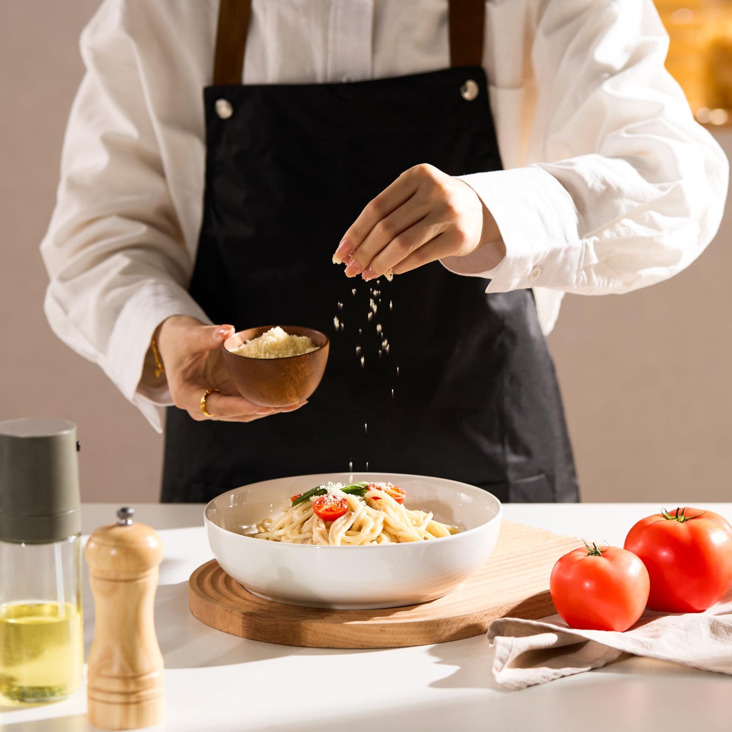 KooK Pasta Bowl, Salad Bowls, Bowls, Serving Bowls, Soup, Ceramic, Large Capacity, Microwave & Dishwasher Safe, Set of 4, 40 Oz, (White)