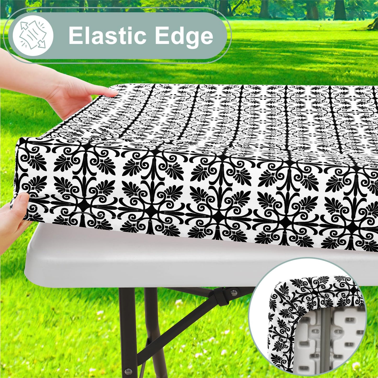 misaya Picnic Table Cover with Bench Cover, Waterproof Elastic Fitted Tablecloth for 6 Foot Tables, Rectangle Washable Polyester Tablecloths for Picnic, Camping, Outdoor (Black, 30" x 72")