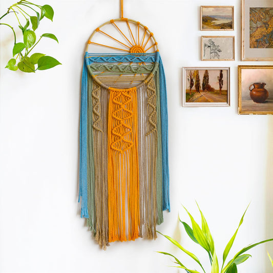 LB Macrame Wall Hanging Boho Macrame Wall Decor, Sunset Wall Art Dream Catcher Hand Woven Wall Art Boho Colorful Sun Tapestry for Bedroom Living Room Nursery Office Backdrop, 10x33 Inch