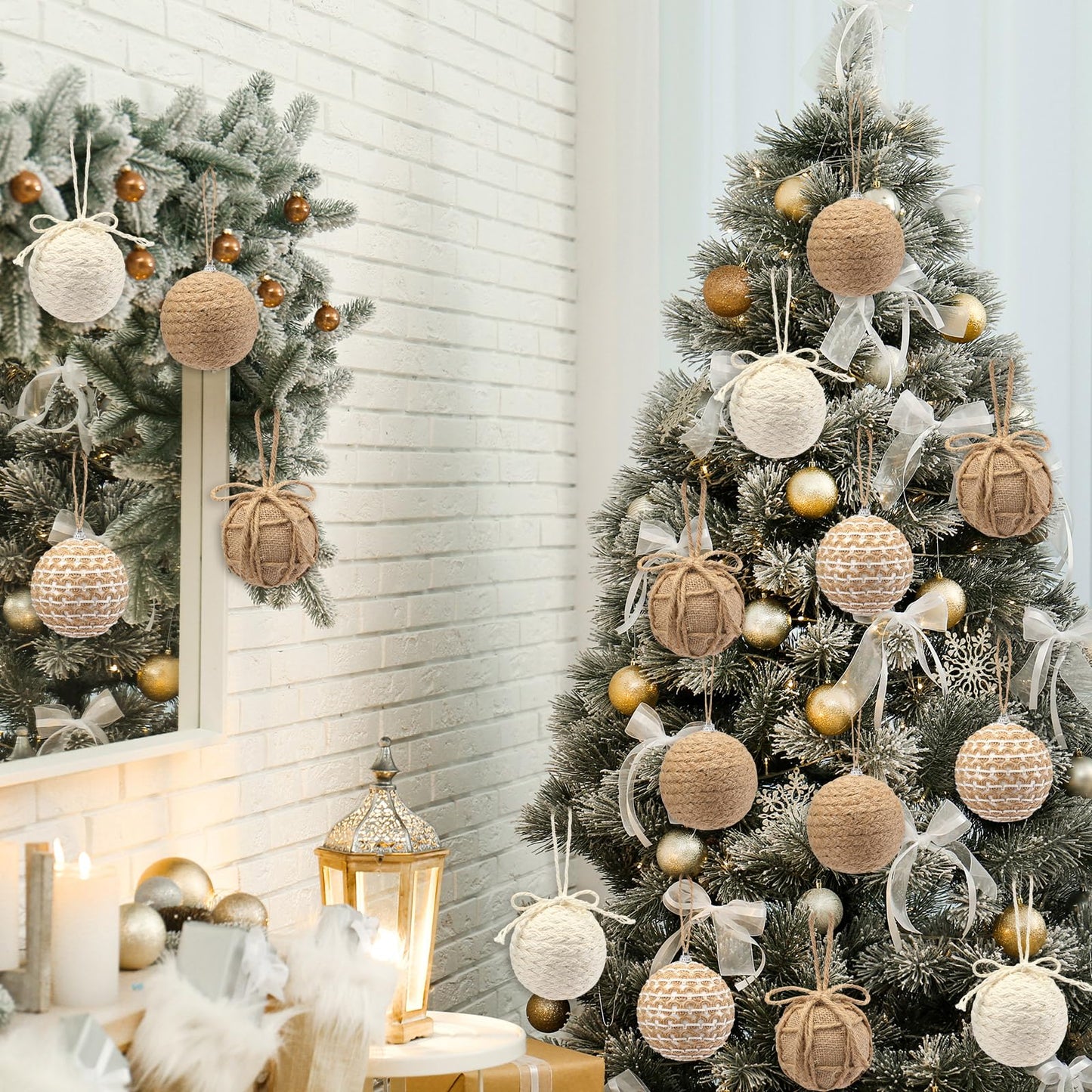 Leyndo 16 Pcs 3.15 Inch Burlap Christmas Ball Ornaments Rustic Farmhouse Christmas Tree Ornaments Neutral Jute Rope Hanging Balls Decorations Boho for Xmas Party Holiday Decor(Rustic Style)