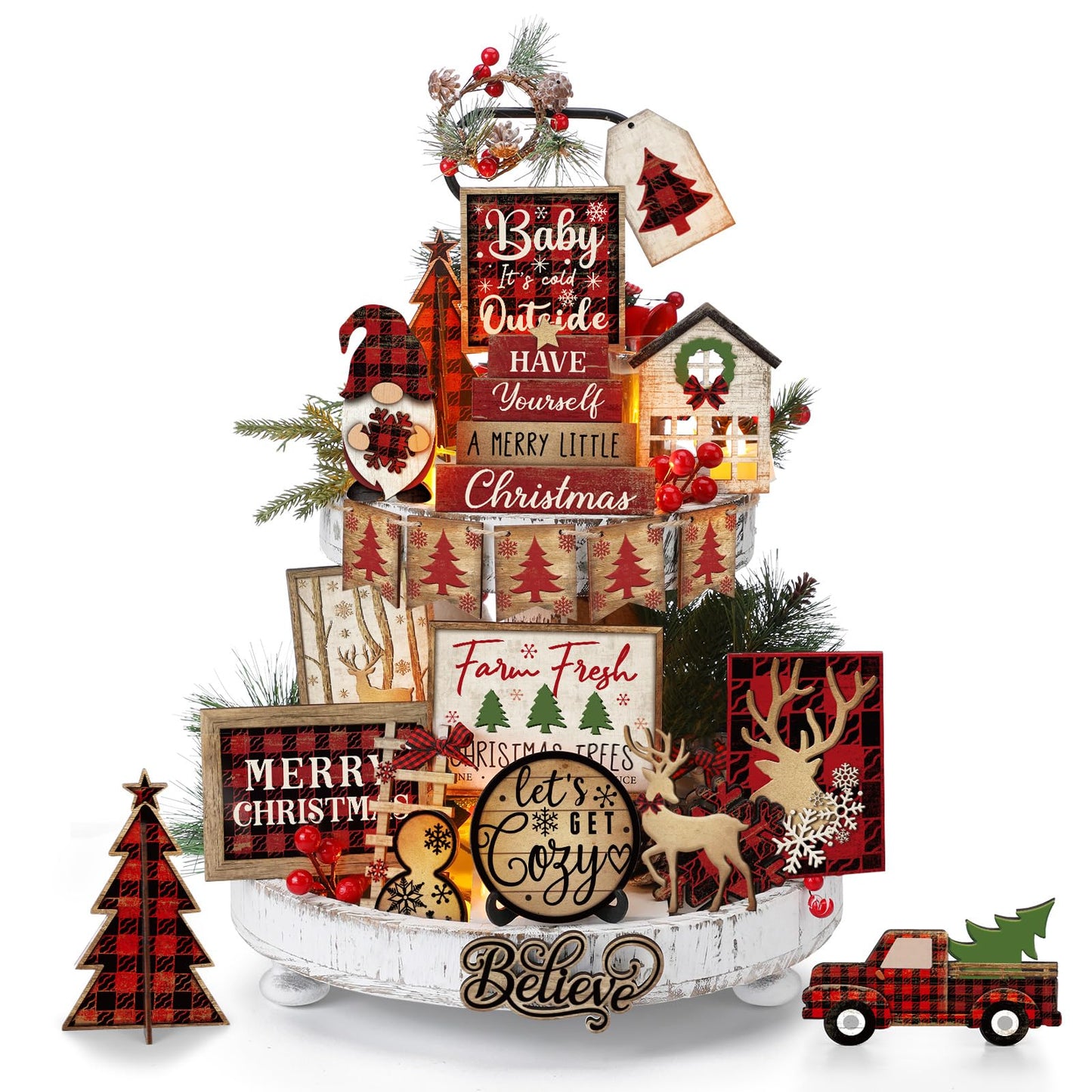 Shellwei 24 Pcs Christmas Tiered Tray Decor Wood Rustic Christmas Decoration for Home Table Shelf Winter Farmhouse Decor Xmas Trees Gnome Elk Snowflake Signs (Buffalo Plaid)