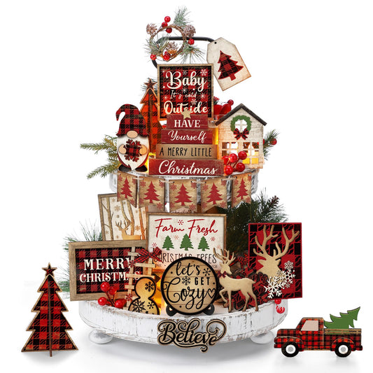 Shellwei 24 Pcs Christmas Tiered Tray Decor Wood Rustic Christmas Decoration for Home Table Shelf Winter Farmhouse Decor Xmas Trees Gnome Elk Snowflake Signs (Buffalo Plaid)