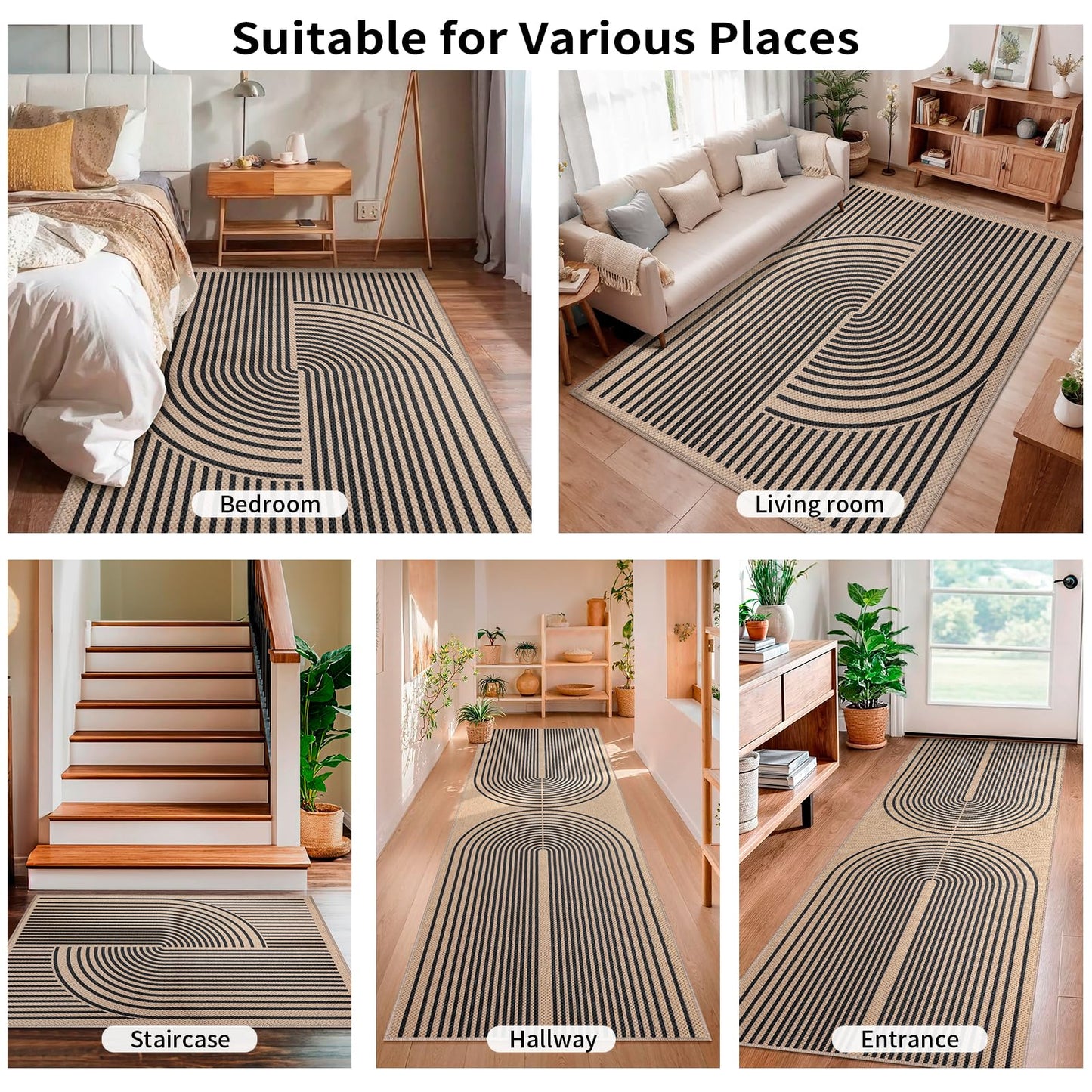 Tangsoo Rainbow Easy Jute Rug,2x3 Washable Small Area Outdoor Rug for Entryway Non-Slip Thin Black Throw Mat Modern Farmhouse Indoor Carpet for Entrance Kitchen Entry Front Porch