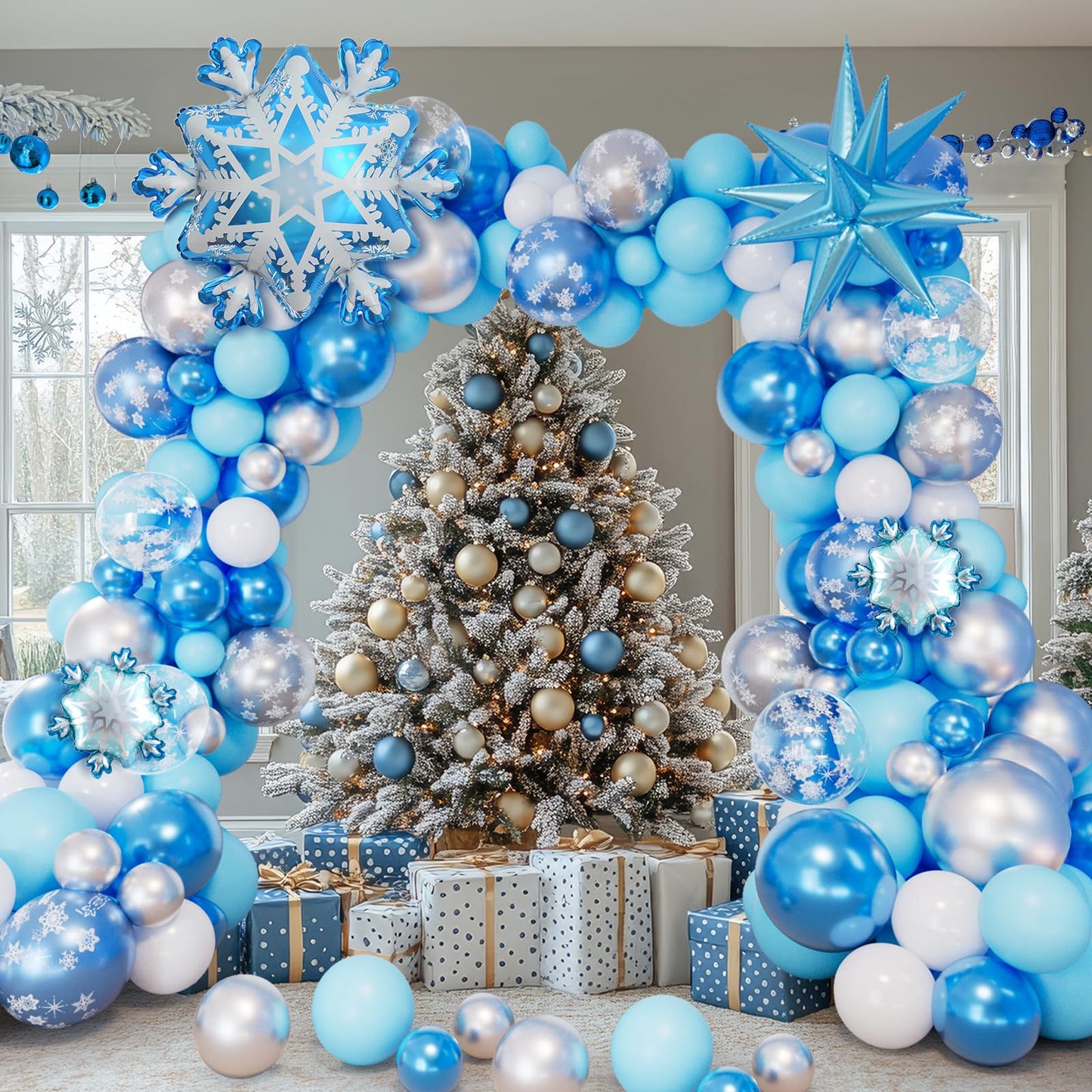Frozen Balloon Arch Garland Kit，142 Pcs Snowflake Balloon Arch with Silver Blue Snowflake Balloons for Winter Wonderland Theme Baby Shower Snow Princess Birthday Party Decorations