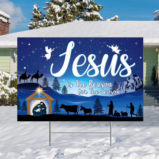 Capoda 24inch Christmas Holy Nativity Yard Sign with Stakes Jesus Is the Reason for Season Lawn Sign Manger Religious Xmas Yard Decorations Outdoor for Religious Xmas Outdoor Party Decor(Blue)
