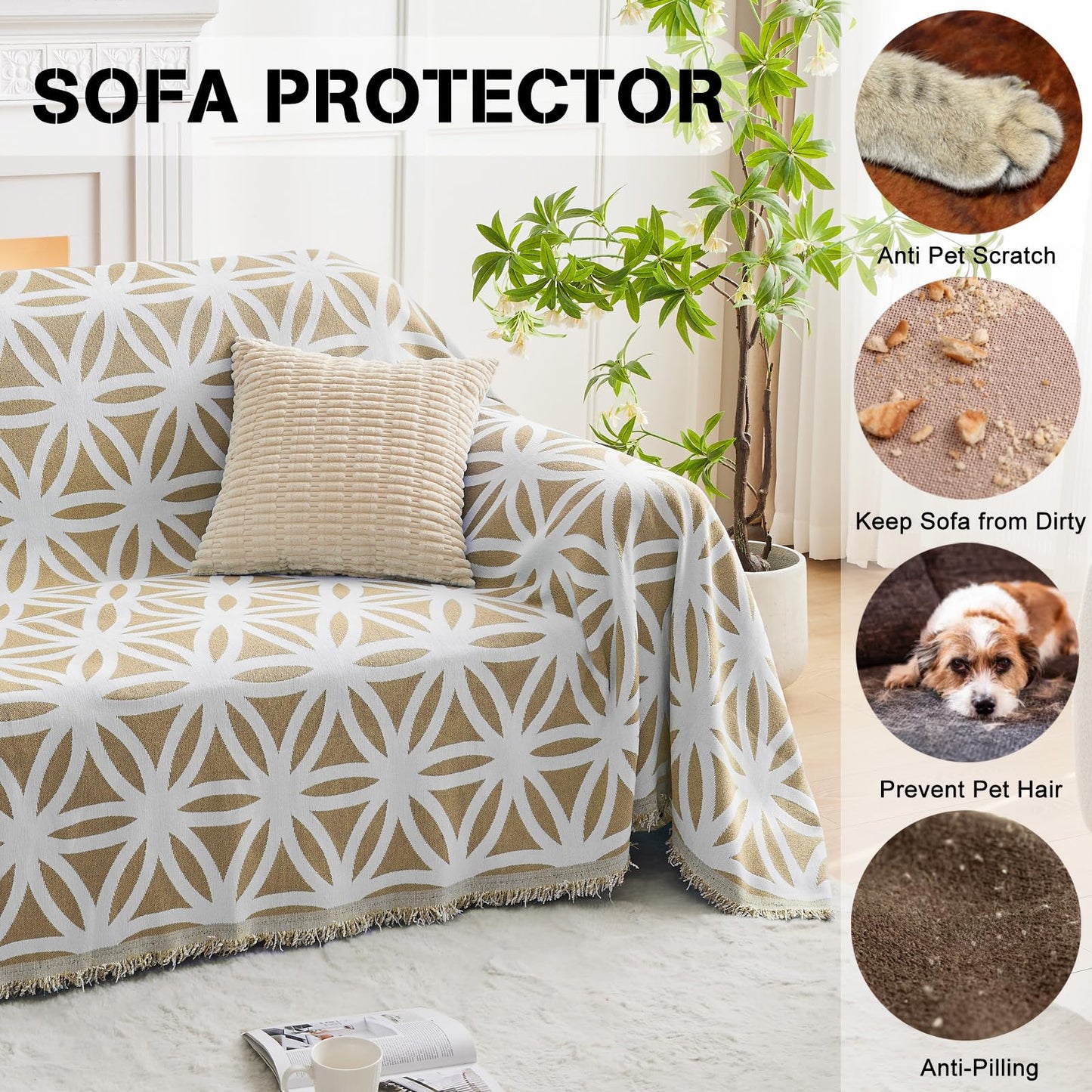 LOMAO Couch Cover Sofa Covers for 3 Cushion Sectional Couch Covers L Shape Couch Cover with Tassel Sofa Protector Washable Reversible Chenille Sofa Slipcover for Pet (1-Khaki,Large(71 * 118))