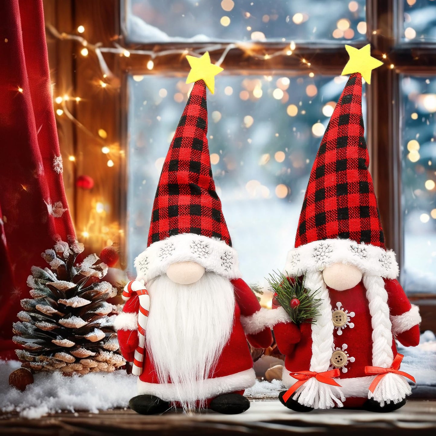 Lovinland Christmas Gnomes Plush Couple with Red Buffalo Check - Xmas Gnomes Elf Tomte Ornaments Doll - Christmas Decorations - Xmas Decorations for Home, Indoor, Office