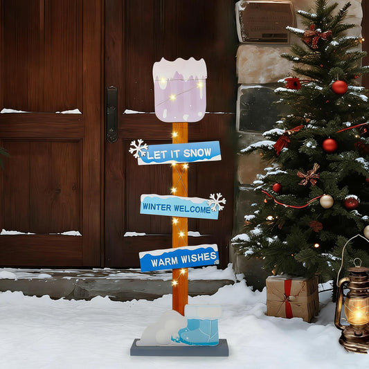 Lighted Wooden Winter Porch Sign | Let It Snow Winter Welcome Porch Decor |Xmas Hat Gloves Candy Cane Wood Signs for Winter Wonderland Bule Decorations