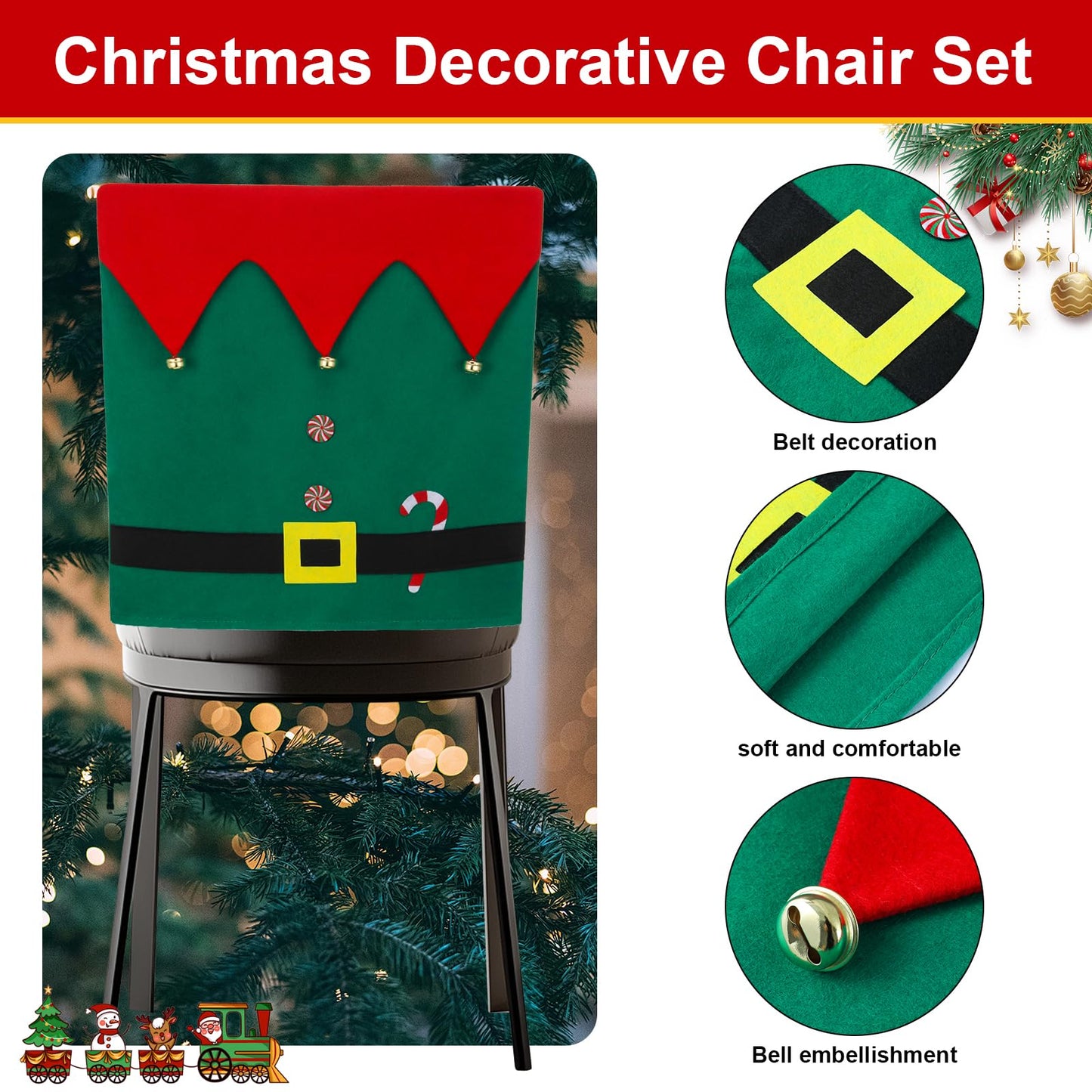 Slsxip Christmas Elf Chair Covers - Kitchen Dining Chair Back Decor with Jingle Bells, Candy Canes & Belt Buckle Design, Holiday Party Home Decorations, Set of 4