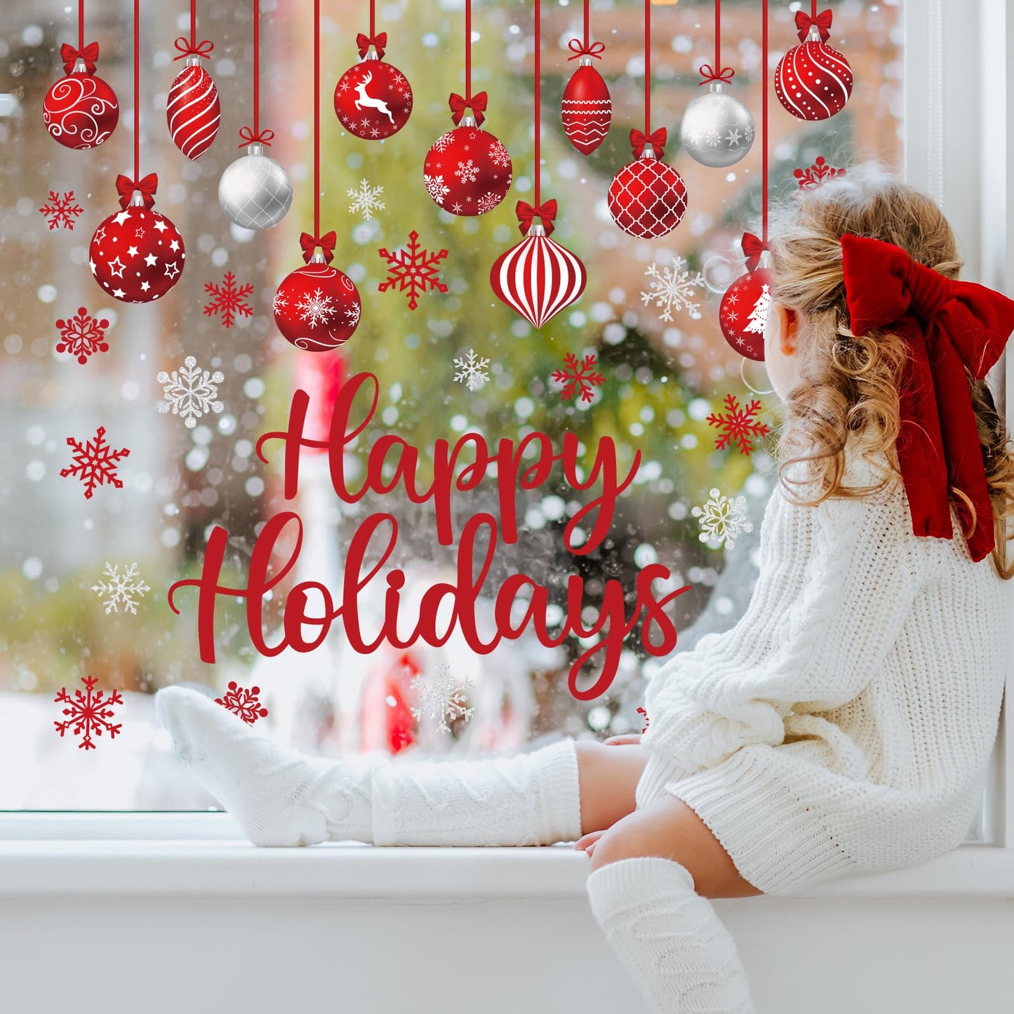Red Merry Christmas Window Clings 6 Sheets, Happy Holiday Winter Snowflake Window Decals Stickers for Home Xmas Party Decorations Supplies, Reusable Happy New Year Cling for Windows (Xmas)