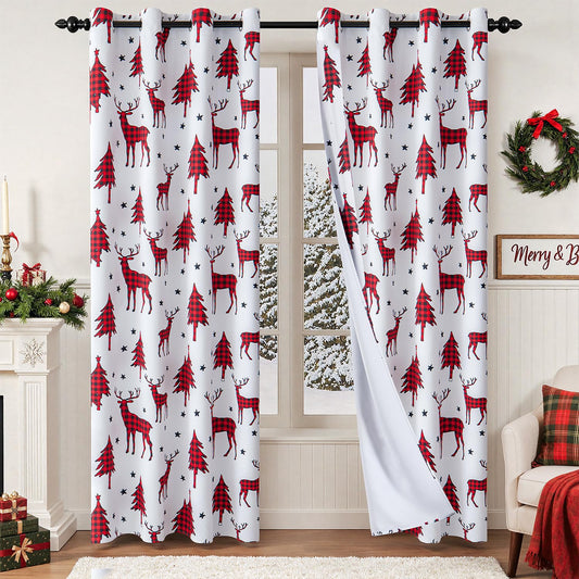 EMEMA Christmas Buffalo Plaid Curtains Reindeer Checkered Grommet Window Curtain Panels for Living Room Bedroom Decorative Window Treatment Curtains, 2 Panels, 52 x 84 Inch, Red and Black