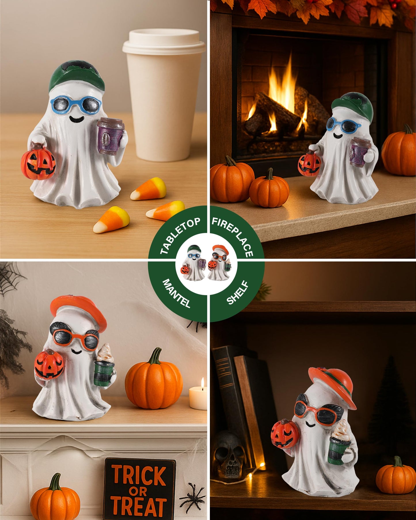 GoGnome Halloween Decorations Resin Ghost Figurines with Pumpkins and Coffee Cups Ice Cream – Set of 2 Festive Decor (White)