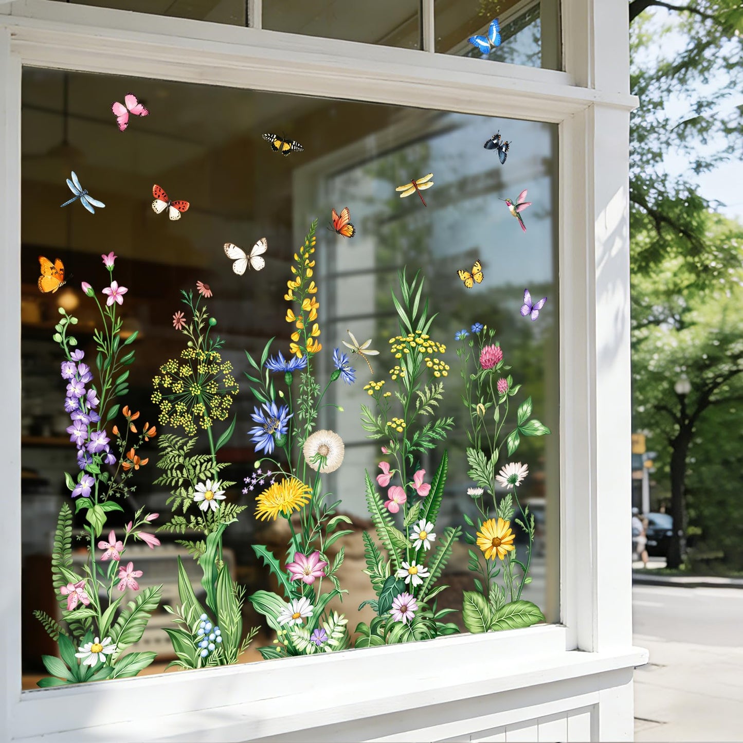 Tanlaby Wild Flower Window Clings Spring Floral Grass Wildflower Window Stickers with Butterfly Green Plant Static Window Decals for Home Glass Doors Decor