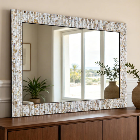Chende Rectangular Capiz Shell Mirror for Wall Decor, 47"x32" Creamy Ivory Handcrafted Large Wall Mirror with Mosaic Frame for Bathroom, Entrance, Dining Room, Horizontal/Vertical, Tempered Glass