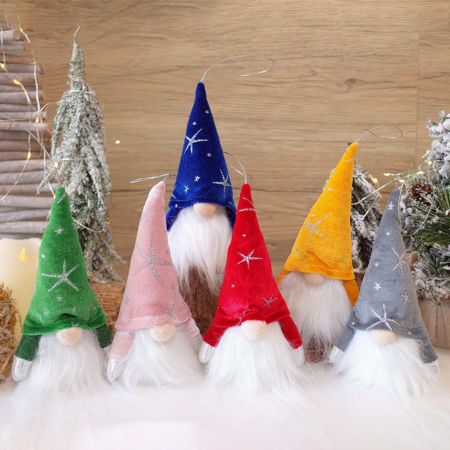 Etistta 6PCS Gnome Christmas Ornaments, 6.5 inch Velvet Christmas Tree Ornaments with Led Lights, Christmas Hanging Decorations