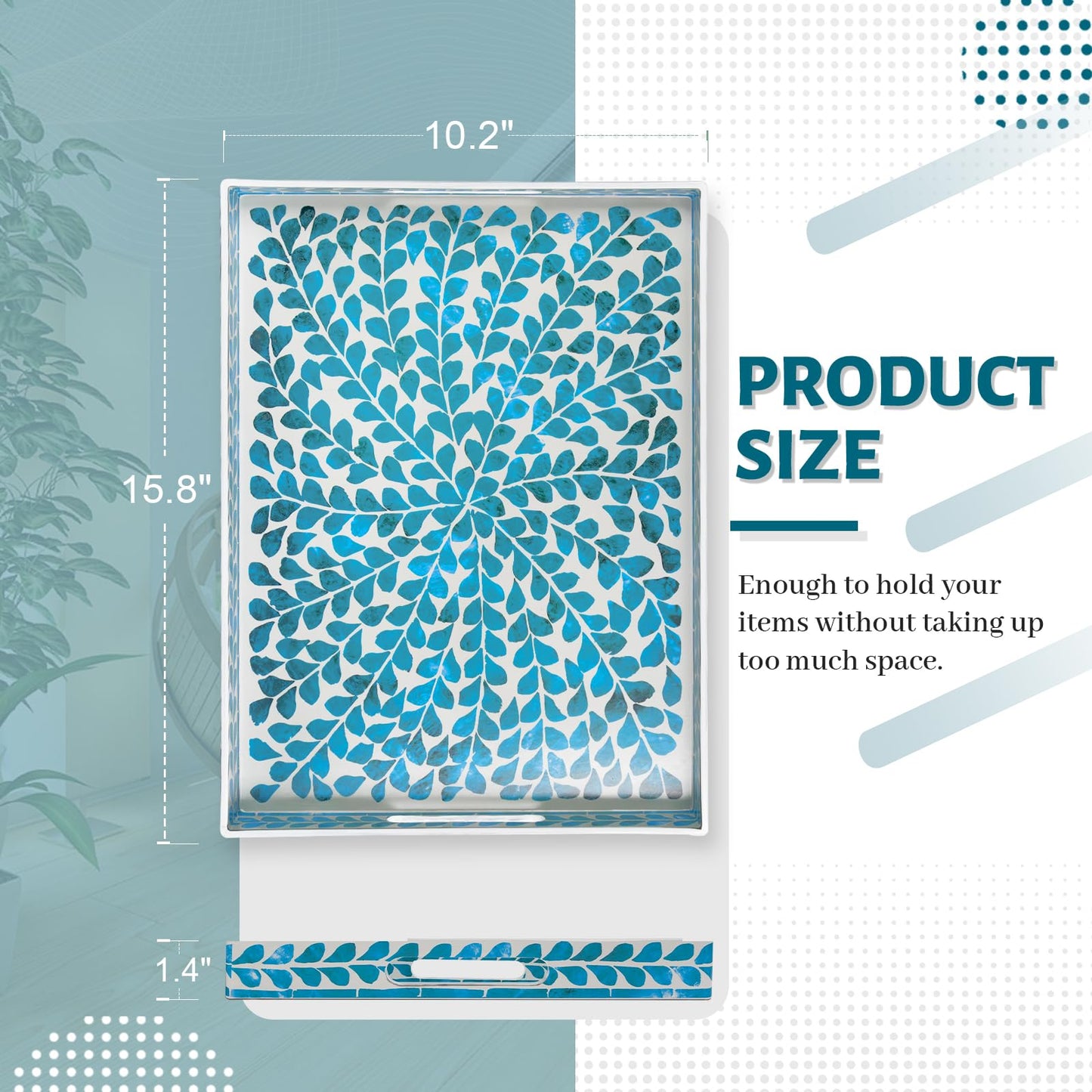 MAONAME Blue Decorative Tray, Plastic Serving Tray with Handles, Leaf Pattern Sticker Trays, Rectangular Trays for Living Room, 15.7" X 10.2" X 1.57"