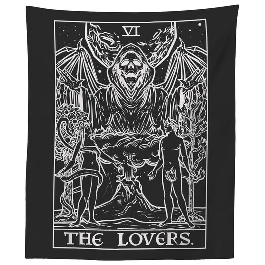 The Lovers Tarot Card Tapestry (Black & White) - Grim Reaper - Gothic Couple Halloween Home Decor Wall Hanging (60" x 50")