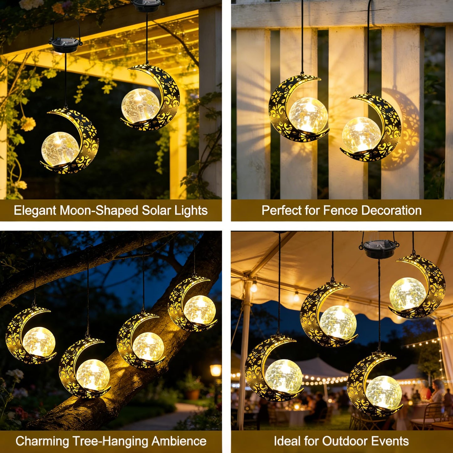 Amugmilk Hanging Solar Lights Outdoor Lanterns Garden Decorations, 2 Pack Moon Lights with Cracked Glass Globes Outside Decor for Backyard Balcony Patio Tree ,Unique Mother's Day Gifts for Women Mom